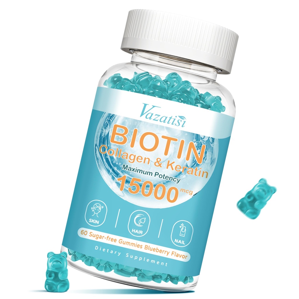 Biotin with Collagen Gummies, Hair Skin and Nails Vitamins Gummies for Hair Growth, Glowing Skin & Strong Nails - Blueberry Flavor, Sugar Free, 60 Count