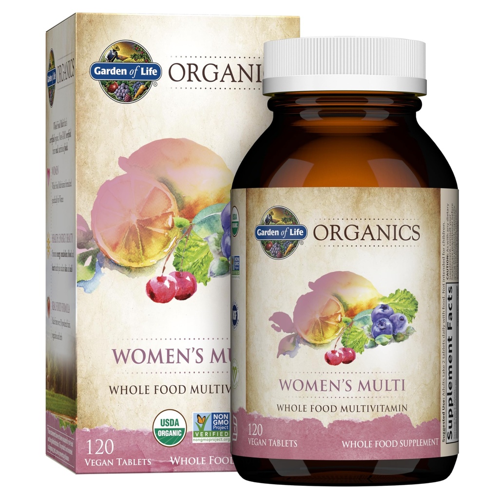 Garden of Life Organics Women's Multivitamin with Vitamin C, D3, Folate, B12, Biotin & Iron – Women's Multivitamin for Energy, Heart Health & Radiant Skin, USDA Organic, Non-GMO, Vegan, 120 Tablets