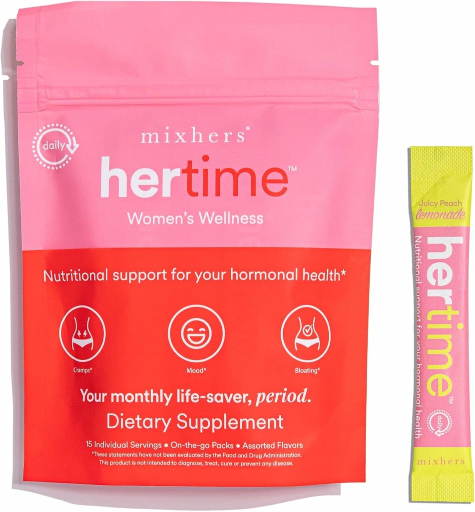 MIXHERS Hertime PMS - Supports Hormonal Health for Women - Supports a Healthy Menstrual Cycle - with Minerals, Peony Roots, Siberian Ginseng - Sugar-Free - 15 Drink Packets - Peach Lemonade