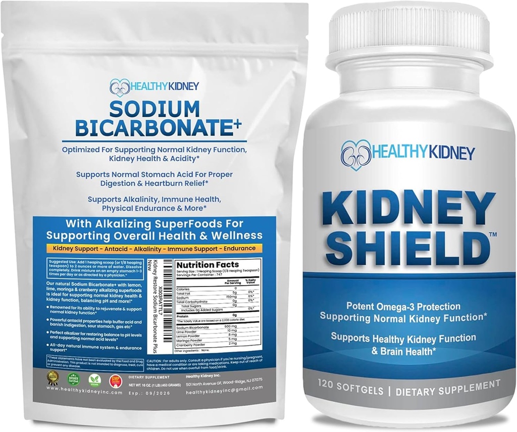 Organic Sodium Bicarbonate Alkaline Supplement Bundle: 1LB Powder for Alkalinity, Acid Neutralizer & Kidney Support + 120 Caps Kidney Shield for Kidney Health, Cleanse & Omega 3