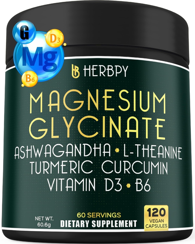 Herbpy 6in1 Restful Day and Night Supplement with Magnesium Glycinate, Vitamin D3, B6, L-Theanine, Ashwagandha and Turmeric Root - Brain, Heart and Digestive Health Support - 120 Vegan Capsules
