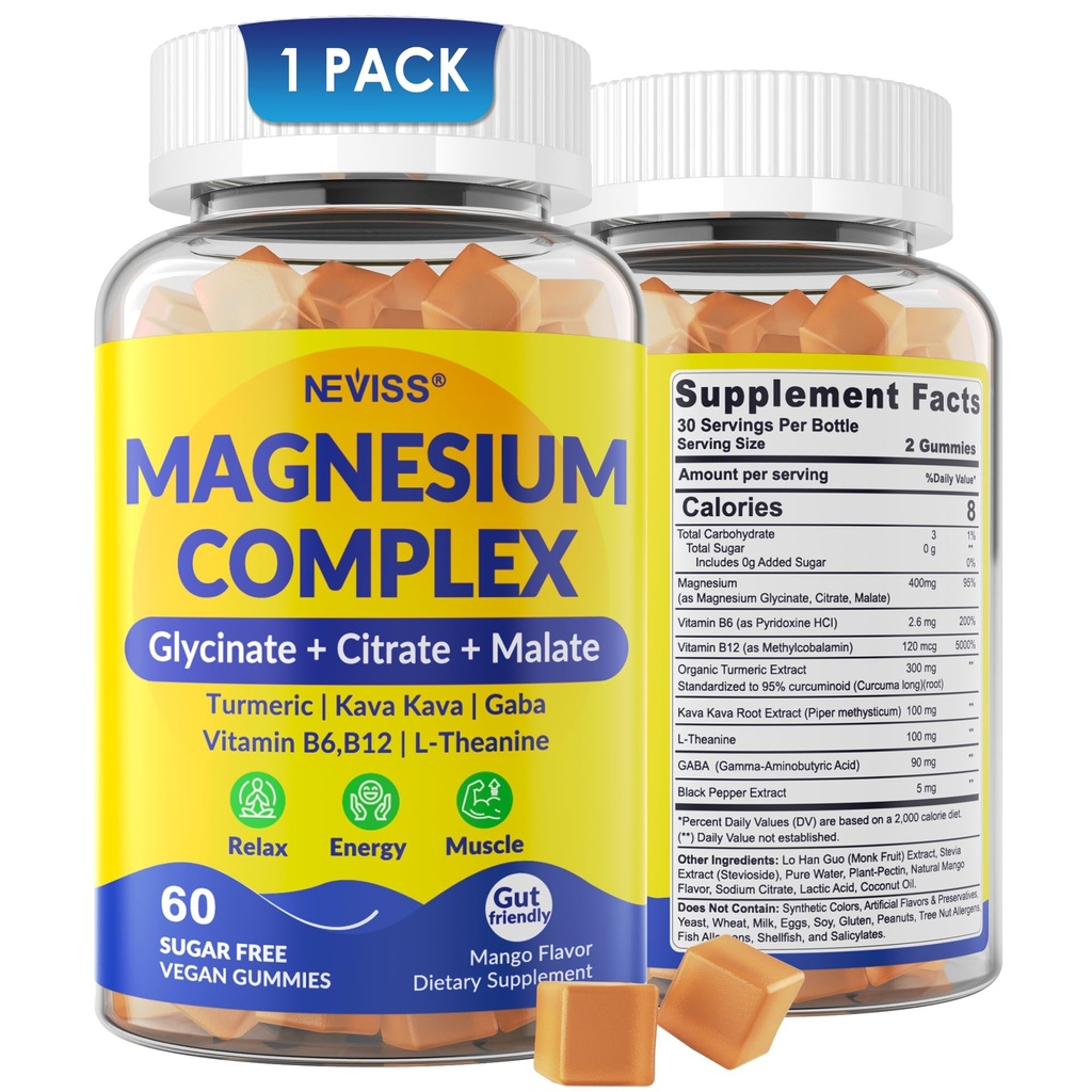 Magnesium Complex Gummies 400mg, Magneisum Glycinate Citrate Malate + Turmeric, GABA, B6 B12, Kava Kava, L-Theanine for Sleep, Calm, Relaxation, Energy, Magnesium Gummies for Women Men, Vegan, 60 Cts