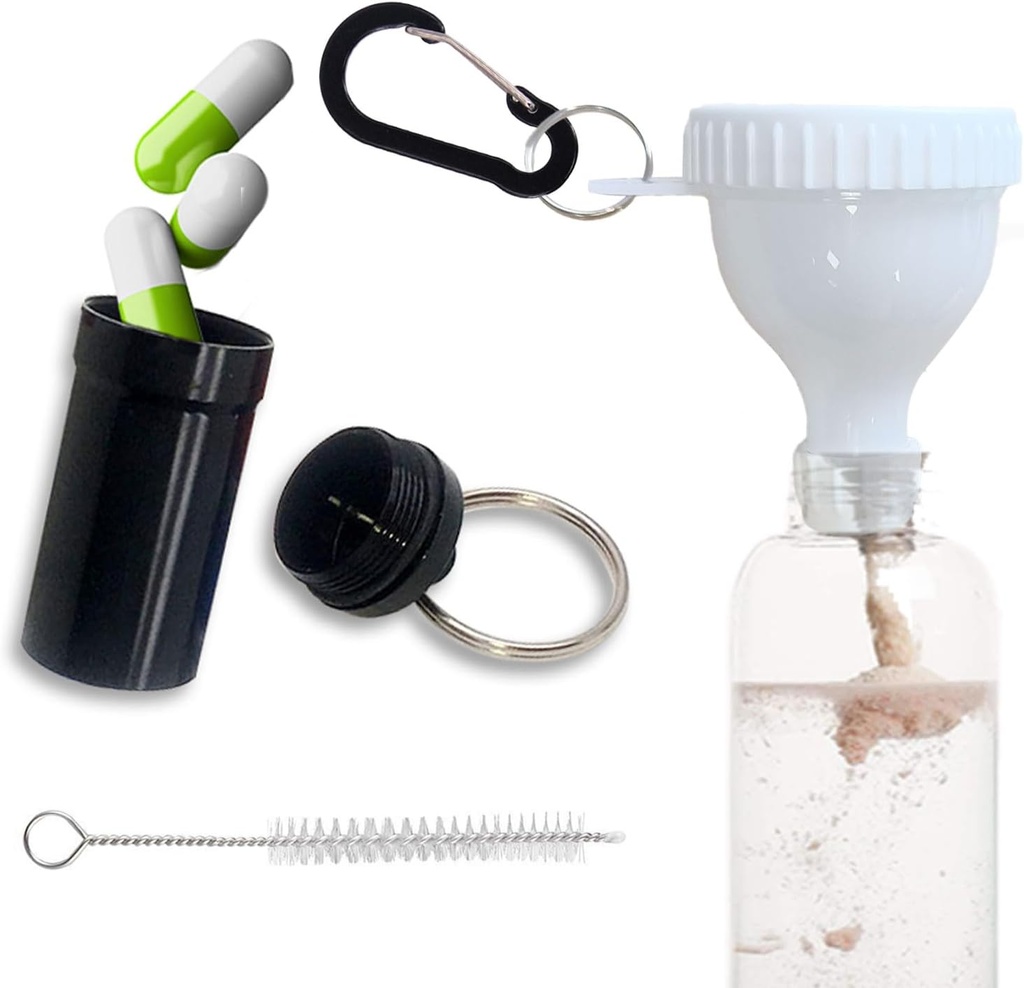 Protein Powder Funnel Set Travel Protein Powder Containers White with 1 Carabiner 1 Brush and 1 Mini Pocket Pill Box Reinforced to Prevent Spills Gym Pre-Workout Supplement Powder Funnels