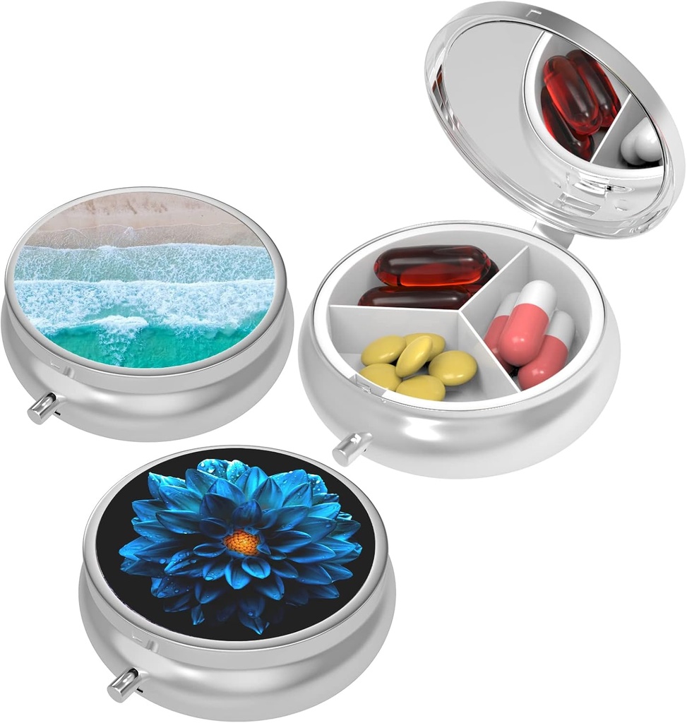 Small Pill Box,Pill Case for Purse&Pocket,3 Compartments Travel Pill Case Medication Organizer Storage for Vitamins, Pills, Fish Oil and Earrings, Studs,Bronze-Pink Yellow Flower