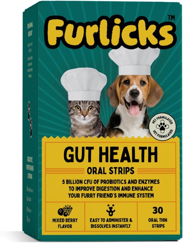 Furlicks Gut Health Supplement for Dogs & Cats | Probiotics, Protease, Lipase for Improved Digestion, Enhanced Immunity, Healthy Gut Flora & Diarrhea & Bowel Support (30 Oral Dissolving Strips)