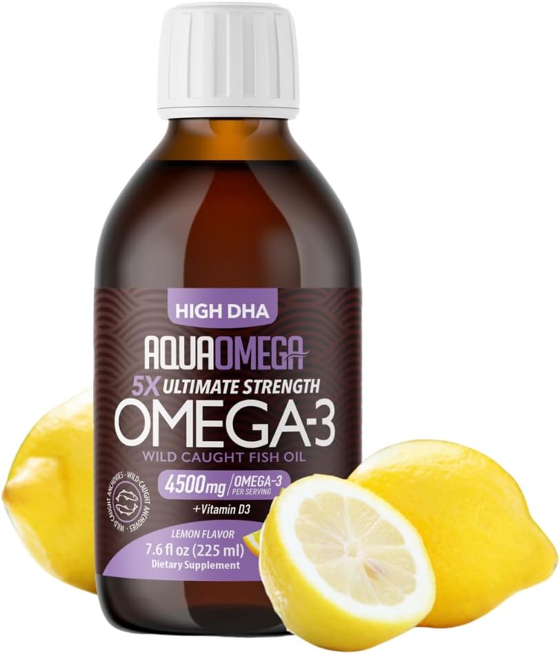 5X Ultimate Strength Omega 3 Fish Oil Liquid, Fish Oil Supplements with High DHA and EPA Omega3 Fatty Acids, High Potency Omega 3 with Vitamin D, 7.60 floz, Lemon Flavor