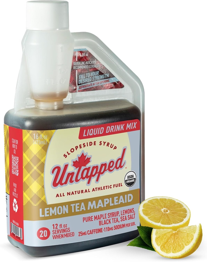 Untapped Lemon Tea Mapleaid - 20 Servings 16 fl oz Bulk Bottle Organic Maple Syrup, Lemon Juice & Black Tea Running Fuel Energizing Electrolytes & Caffeine Naturally Powered by Pure Vermont Maple