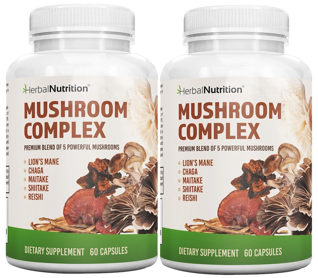 Herbal Nutrition Mushroom Complex 700mg to 1400mg. The 5 Most Powerful Mushrooms - Lions Mane, Reishi, Chaga, Maitake, Shiitake - Supports Immune Health, Nootropic Brain Health for Memory & Focus