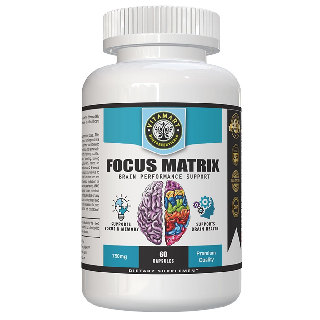 Focus Matrix (1 Bottle) Brain Health Supplement- for Better Focus, Memory, Attention, Concentration, Ginkgo biloba Leaf, Bacopa Monnieri, Focus Pill