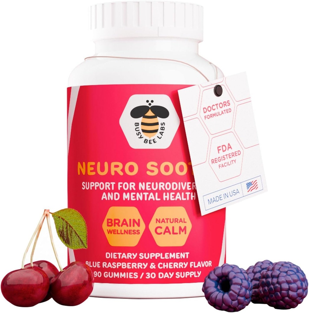 Neuro Soothe, Support for Neurodiversity and Mental Health, Helps with Brain Wellness and Natural Calm, Blue Rasberry and Cherry Flavor 90 Gummies, 30 Day Supply