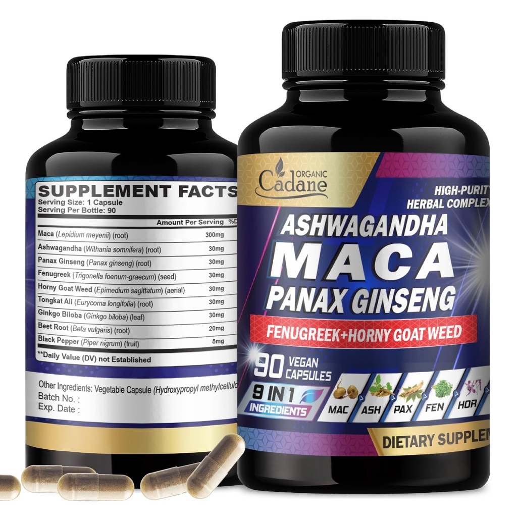 Organic Cadane Maca Root, Ashwagandha, Panax Ginseng Supplement - 90 Capsules 3 Months with Fenugreek, Tongkat Ali & More - Support Energy Production & Immunity