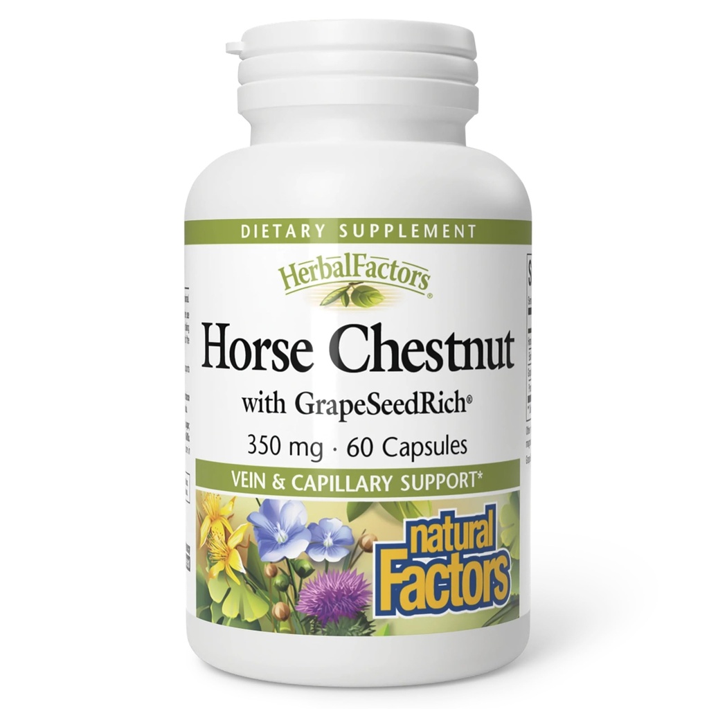 HerbalFactors by Natural Factors, Horse Chestnut, Antioxidant Support for a Healthy Circulatory System and Veins with GrapeSeedRich, 60 capsules (60 servings)