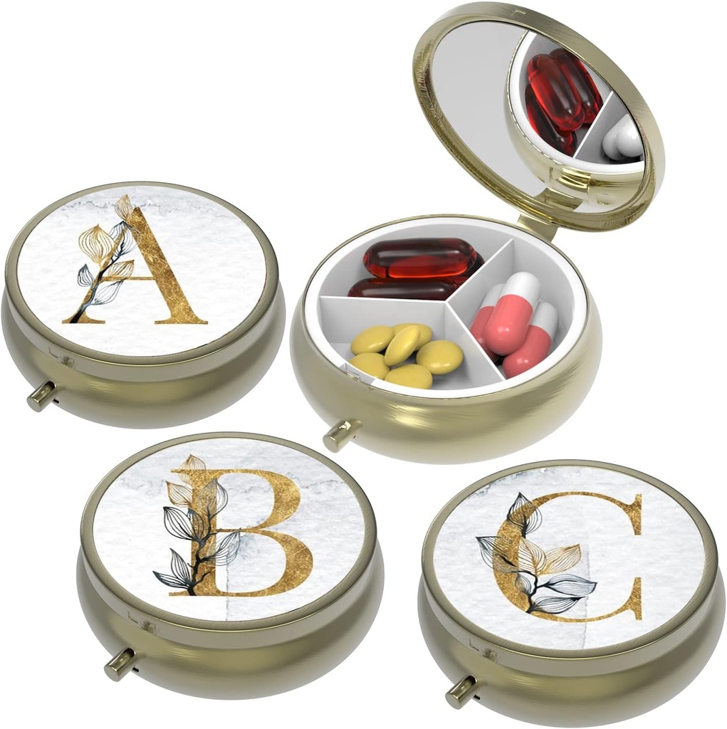 Small Pill Box,Pill Case for Purse&Pocket,3 Compartments Travel Pill Case Medication Organizer Storage for Vitamins, Pills, Fish Oil and Earrings, Studs,Bronze-3Round(ABC)