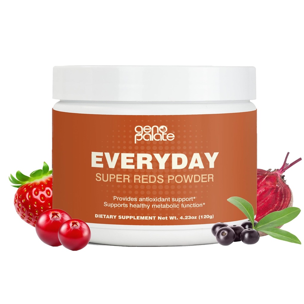 GenoPalate Everyday Super Reds, Antioxidant Superfood Blend with Beet Root, Cranberry, Hibiscus, Acai & Probiotics, Energizing Polyphenols for Heart, Brain & Digestive Health, Vegan, 30 Servings