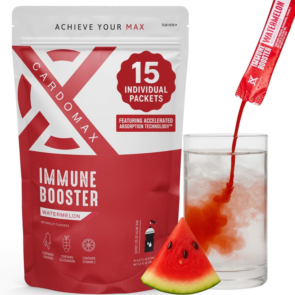 CardoMax Immunity Booster Liquid Drink Mix with Ginseng and Vitamin C for Kids and Adults, Immune Support Supplement for Energy and Wellness, Watermelon Flavor, 15 Single-Serve Liquid Stick Packs