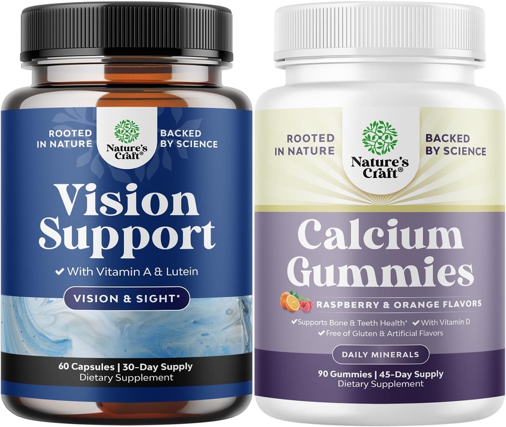 Bundle of Complete Eye Health Supplement for Adults for Vision Dry Eyes Pressure and Blue Light Protection and High Absorption Calcium Gummies for Women for Bone Health and Immune Support