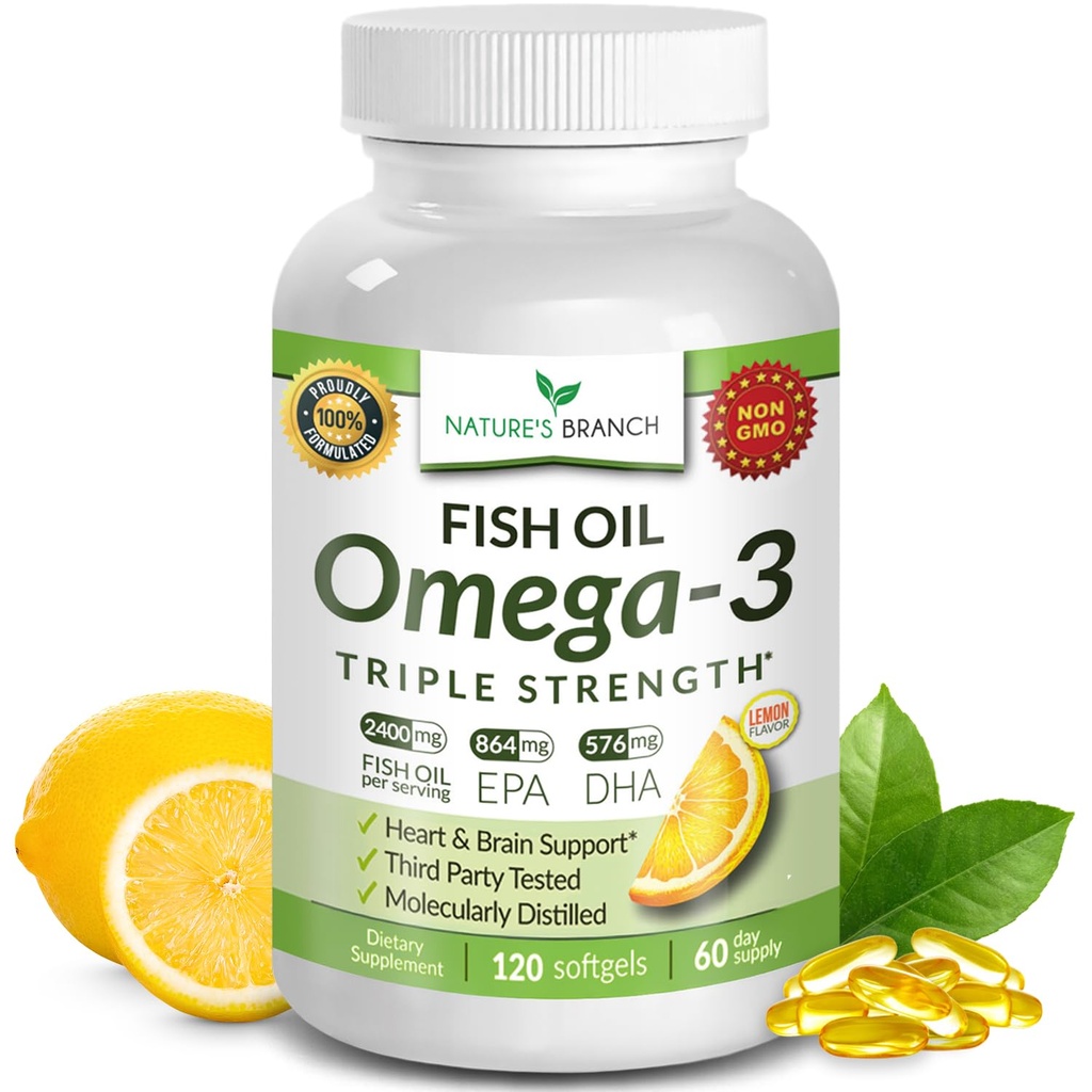 Triple Strength Omega 3 Fish Oil for Heart, Brain & Eye Health – EPA & DHA Fish Oil for Men & Women, Burpless Lemon Flavor, Third Party Tested, Non-GMO Omega 3 Supplements for Adults – 120 Capsules