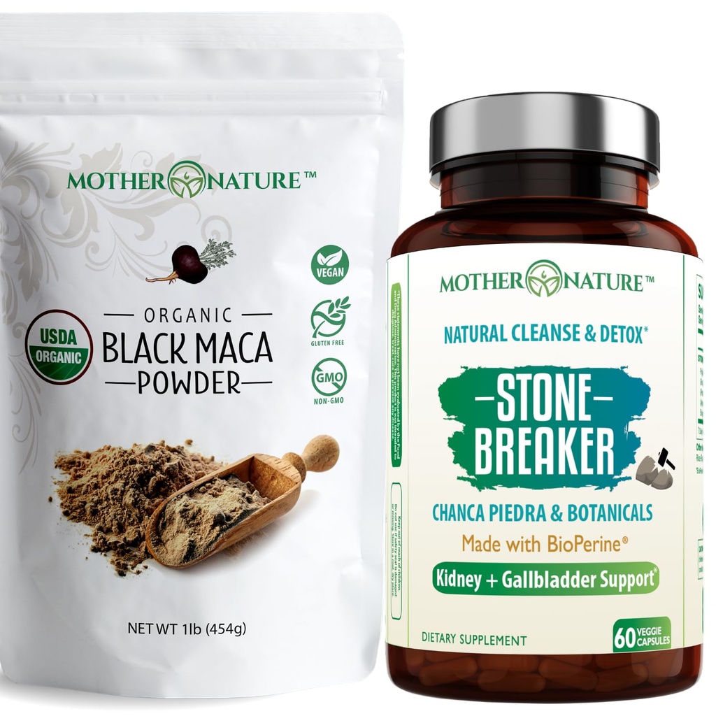 Organic Black Maca Root Powder + Chanca Piedra Stone Breaker Capsules | Energy, Urinary & Internal Support| Natural Herbal Supplement for Men & Women