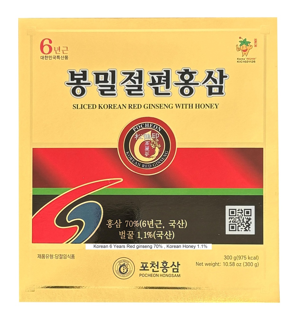 Pocheon 300g(10.6oz) 6Years Sliced Korean Panax Red Ginseng Roots with Honey, Saponin