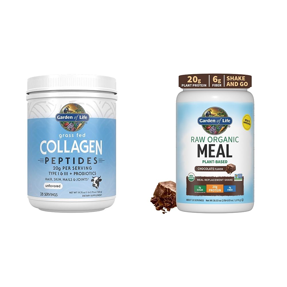 Garden of Life Grass Fed Hydrolyzed Collagen Protein Supplements Peptides Powder, 19.75 Oz & Tasty Organic Chocolate Meal Replacement Shake Vegan 20g