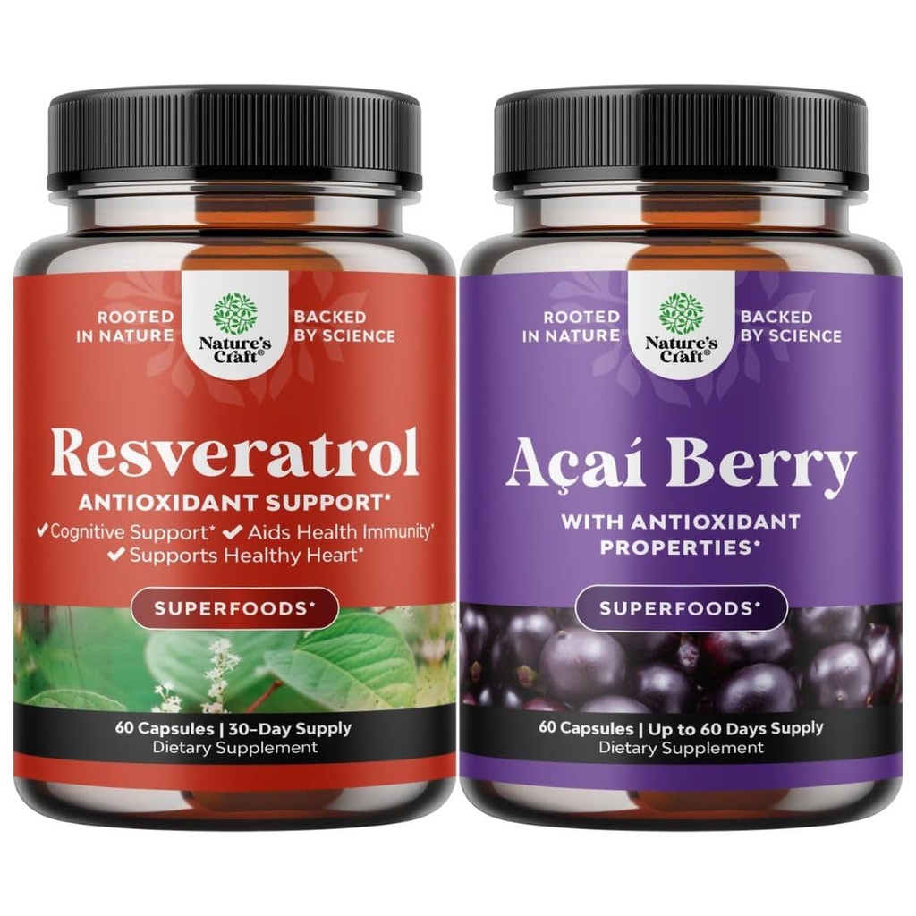 Bundle of Resveratrol Capsules with AMPK Metabolic Activator for Metabolism Boost & Cellular Efficiency and Acai Berry Antioxidant Support for Women & Men for Immune System and Cognitive Health