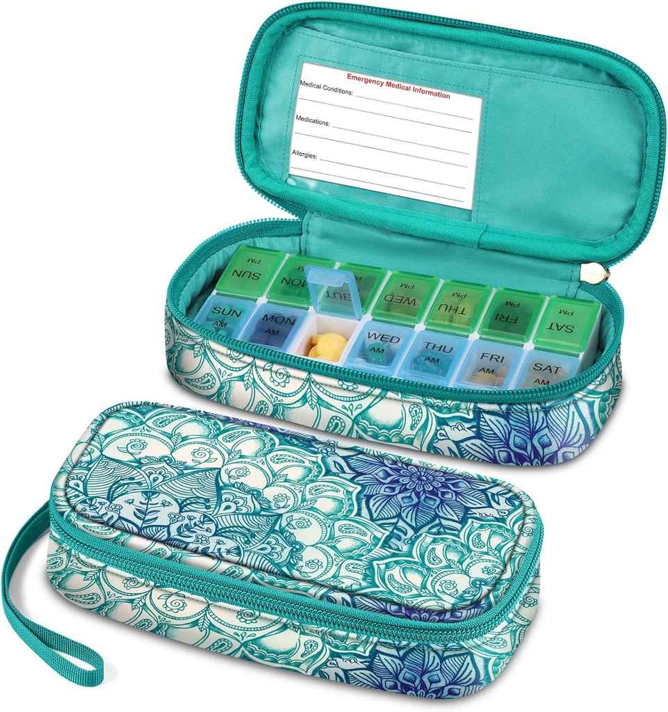 FINPAC Weekly Pill Organizers, Travel Pill Case 7 Day AM/PM Medicine Container and Dispenser Twice A Day Pill Box with Emergency Card for Medical Supplements, Vitamins (Emerald Illusions)