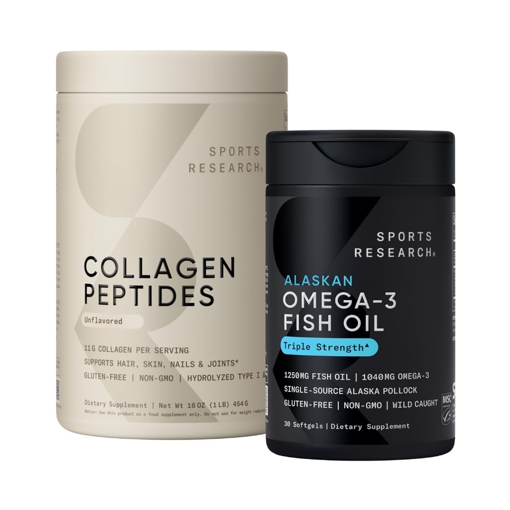 Sports Research® Triple Strength Omega 3 Fish Oil 1250mg Burpless Supplement with Omega3s EPA & DHA Non-GMO, Gluten Free and Collagen Peptides for All Genders Hydrolyzed Type 1 & 3 Powder Protein