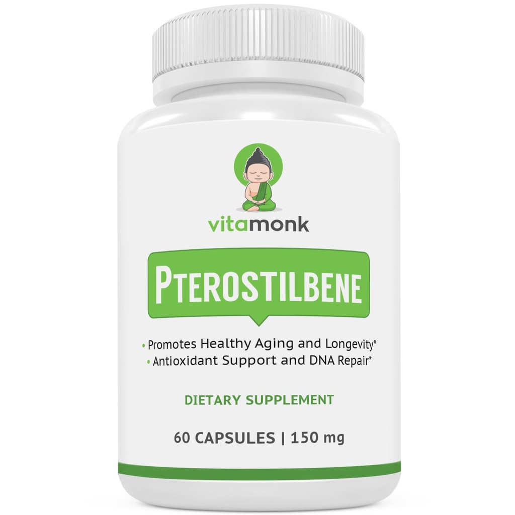 VitaMonk Pterostilbene 150mg Capsules No Artificial Fillers - Soy Free Trans-Pterostilbene Supplement which Promotes Healthy Aging and Longevity - 60 Veggie-Caps - Improved Resveratrol