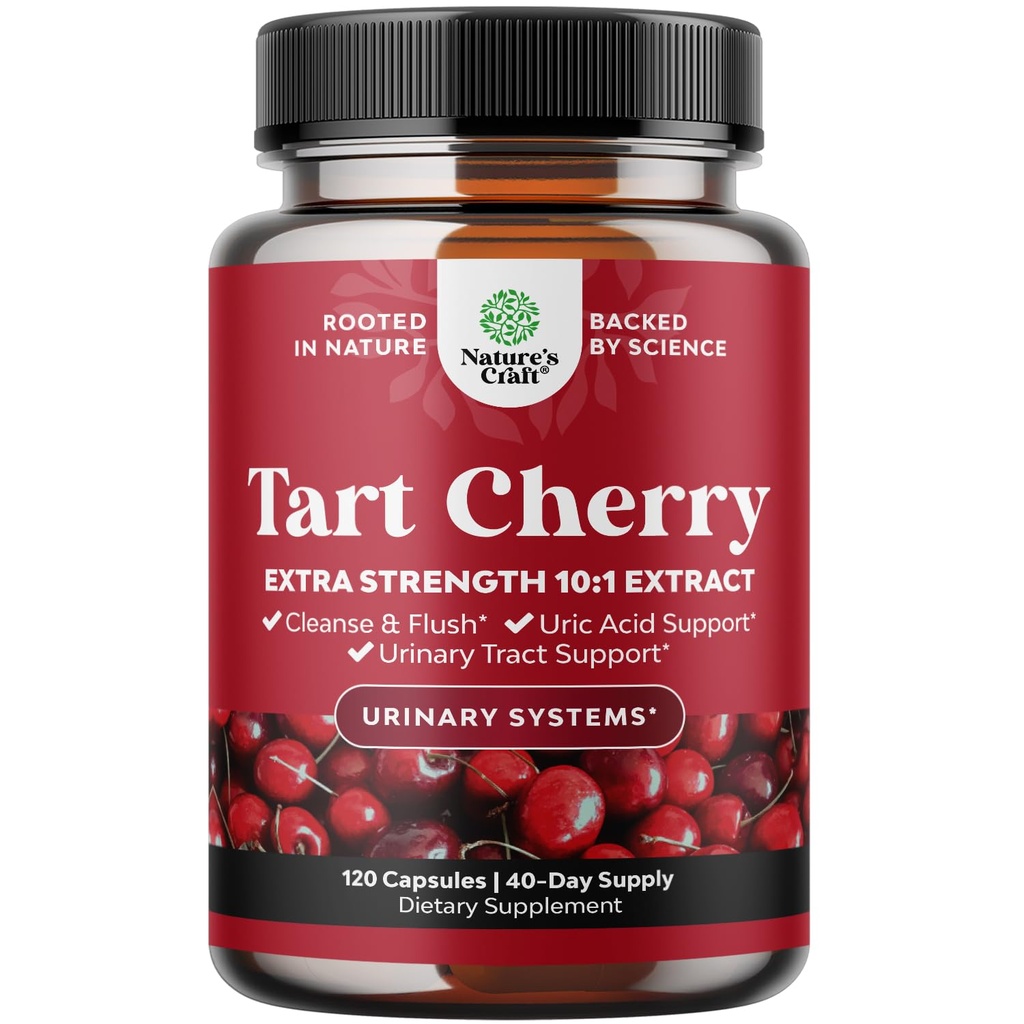 Extra Strength Tart Cherry Capsules - Tart Cherry Extract Capsules for Uric Acid Cleanse for Kidney Support - Fruit Extract Supplement for Urinary Tract Health & Joint Support - 120 Count