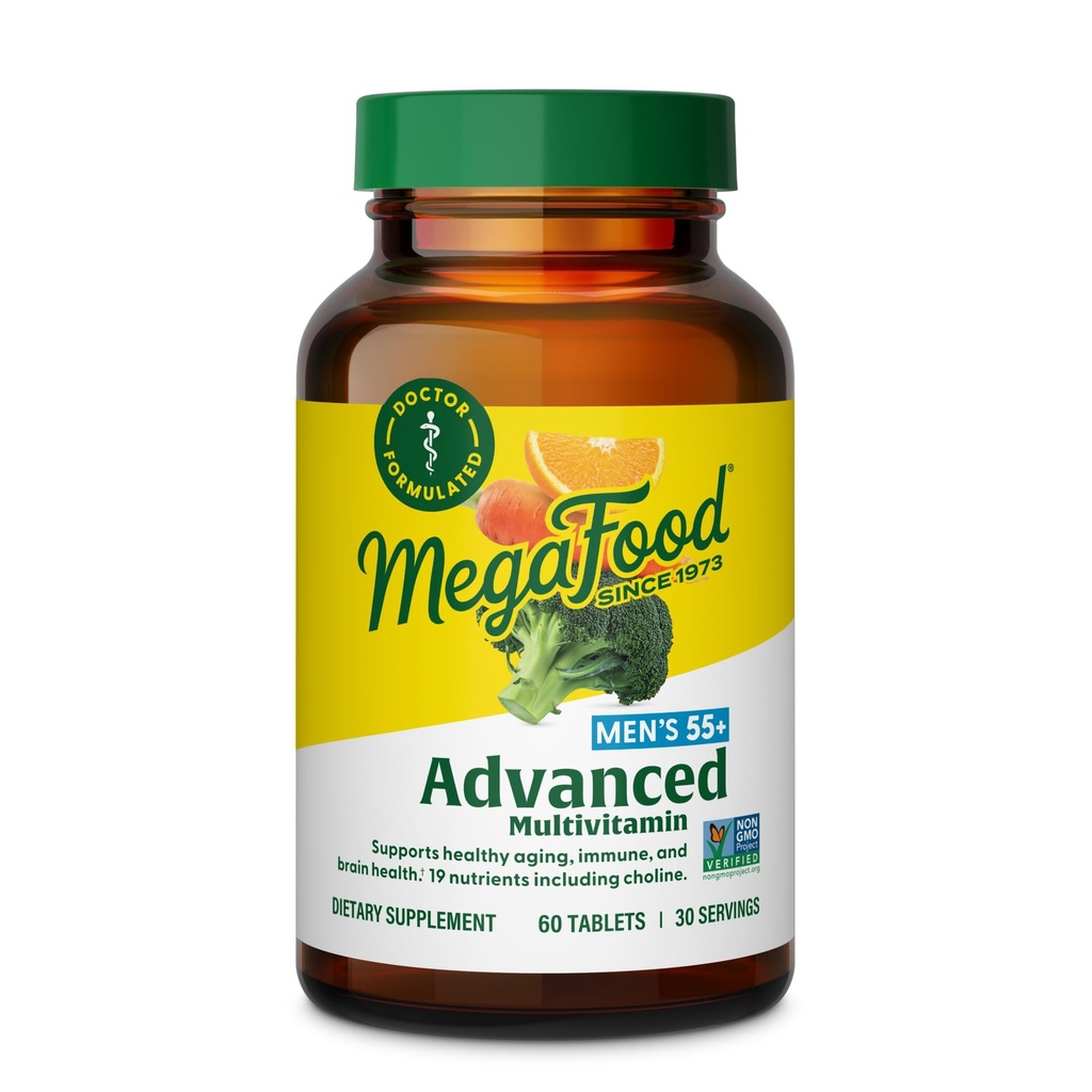 MegaFood Advanced Multivitamin for Men 55+, Mens Multivitamins 50 Plus, Methylated B12, Methyl folate, Choline, Vitamin D, Brain & Muscle Health, Immune Support, Vegetarian - 60 Tablets (30 Servings)