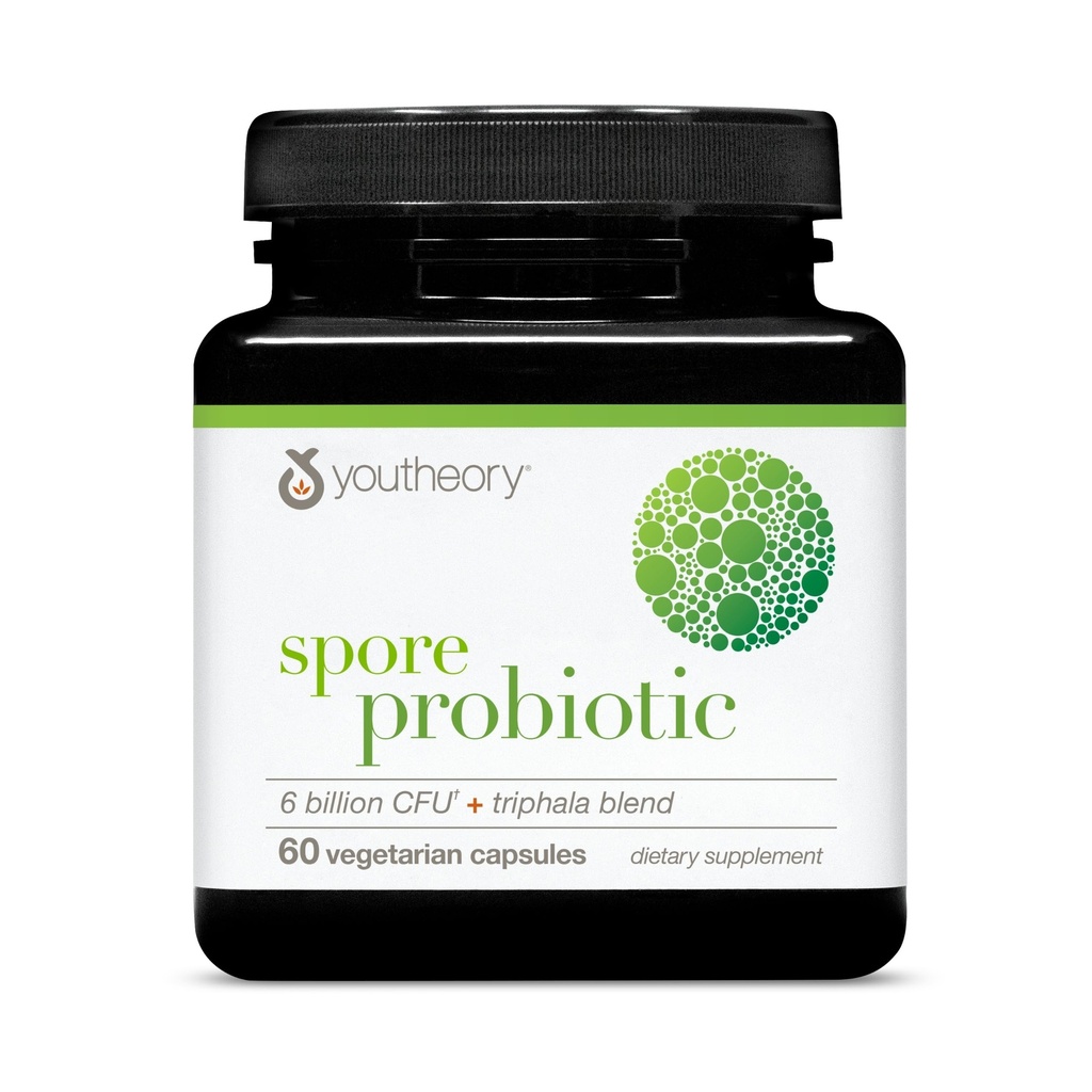 Youtheory Spore Probiotic - Helps Gut Health* - 6 Billion CFU with Prebiotics - Supports Regular Bowel Movement & Diarrhea Relief* - Shelf Stable - 60 Vegetarian Capsules (30-Day Supply)