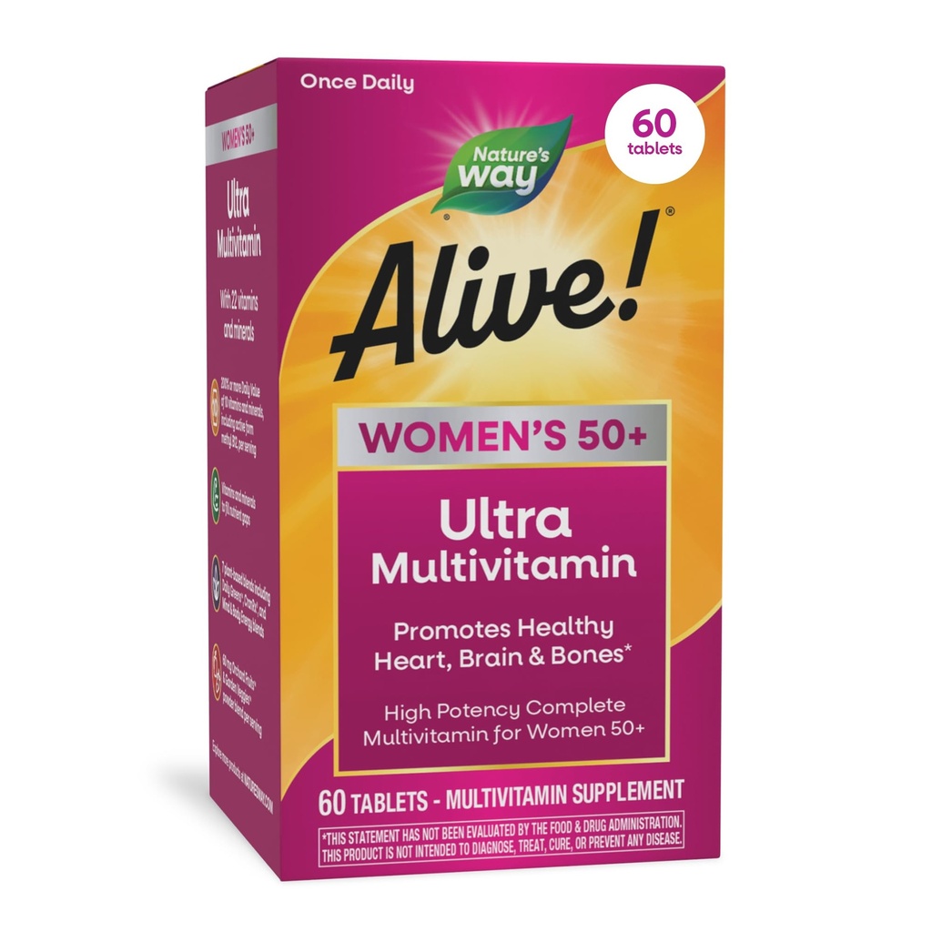 Nature's Way Alive! Ultra Potency Multivitamin for Women 50 Plus, Complete High Potency Formula with Vitamin D3, C, E, Methylated B12, Supports, Heart, Brain, and Bone Health*, 60 Tablets