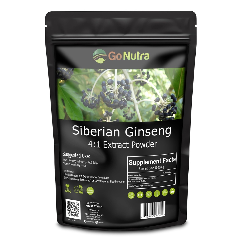 Go Nutra Siberian Ginseng - Eleuthero Root Powder | 4:1 Extract 4X Times Stronger | Supports Energy & Stamina | Natural & Adaptogenic | Eleutherococcus Senticosus | Non-GMO | 1lb (16 Ounce)