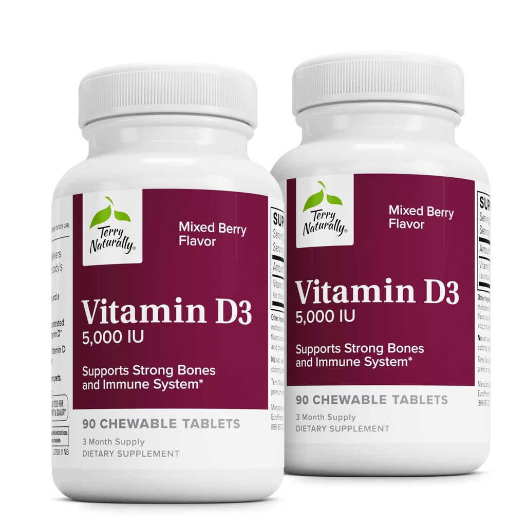 Terry Naturally Vitamin D3 - Bone Health & Bone Strength Support Supplement - Immune System & Brain Support - 5,000 IU Vitamin D Tablets with Mixed Berry Flavor - 90 Chewable Tablets (Pack of 2)