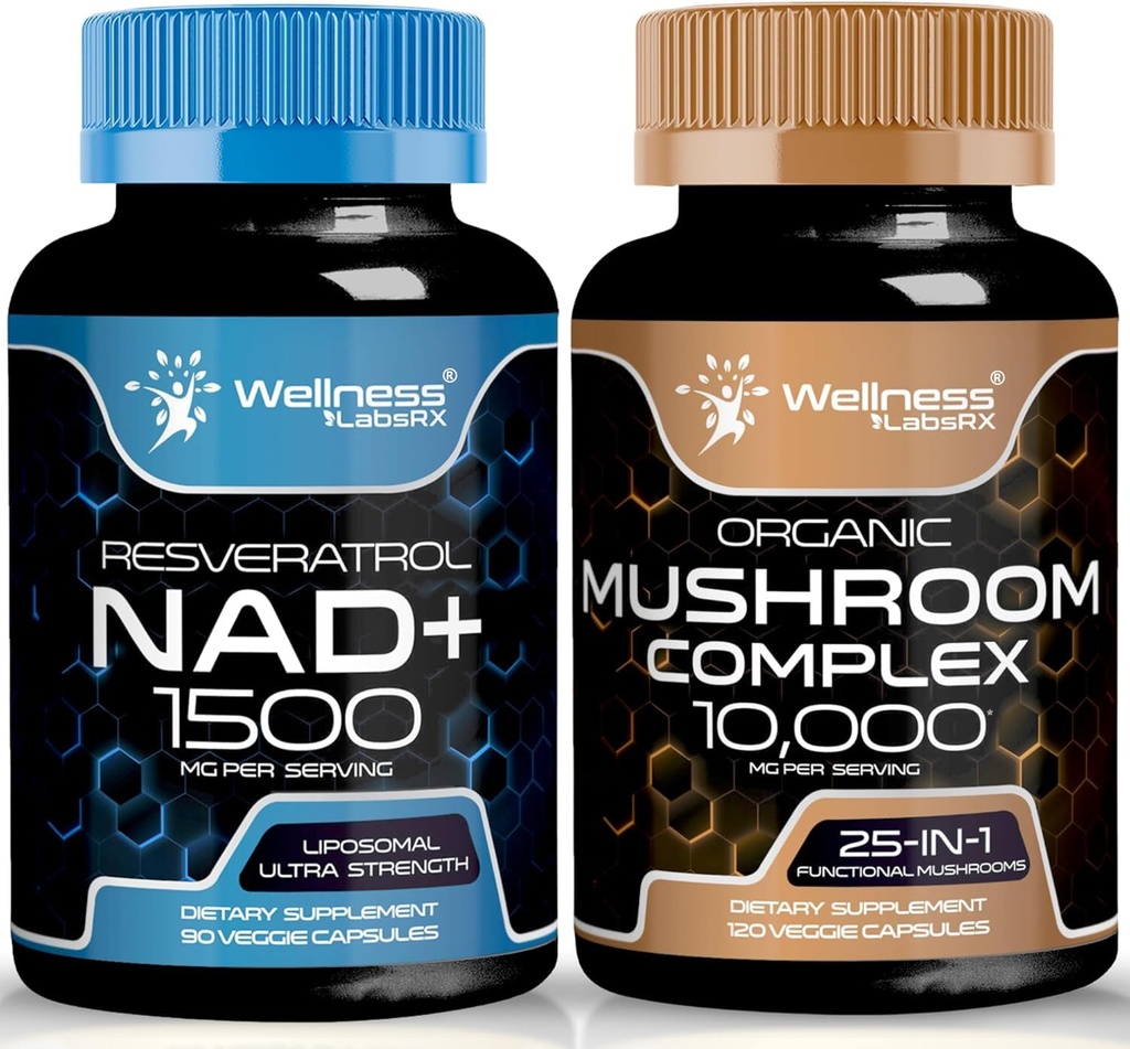 WELLNESS LABSRX NAD Supplement, 1500mg - Liposomal NAD+ Supplement with Resveratrol | Organic Mushroom Supplement Capsules - 10000mg - 25 in 1 Mushroom Complex Capsules | Bundle