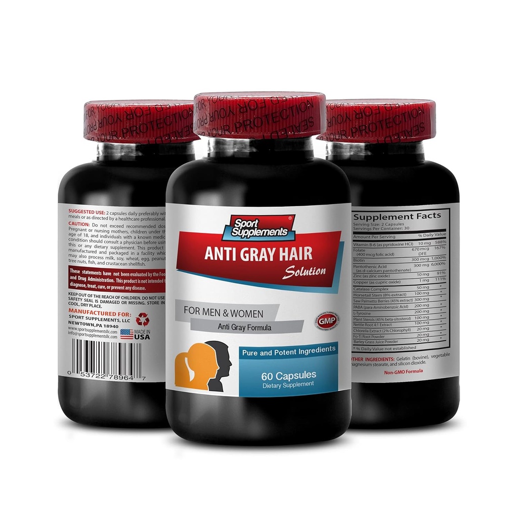 supplement for hair loss for women - ANTI-GRAY HAIR SOLUTION - hair growth supplement without biotin saw palmetto pills for men, natural hair color for gray hair coverage for men 1 Bottle 60 Capsules