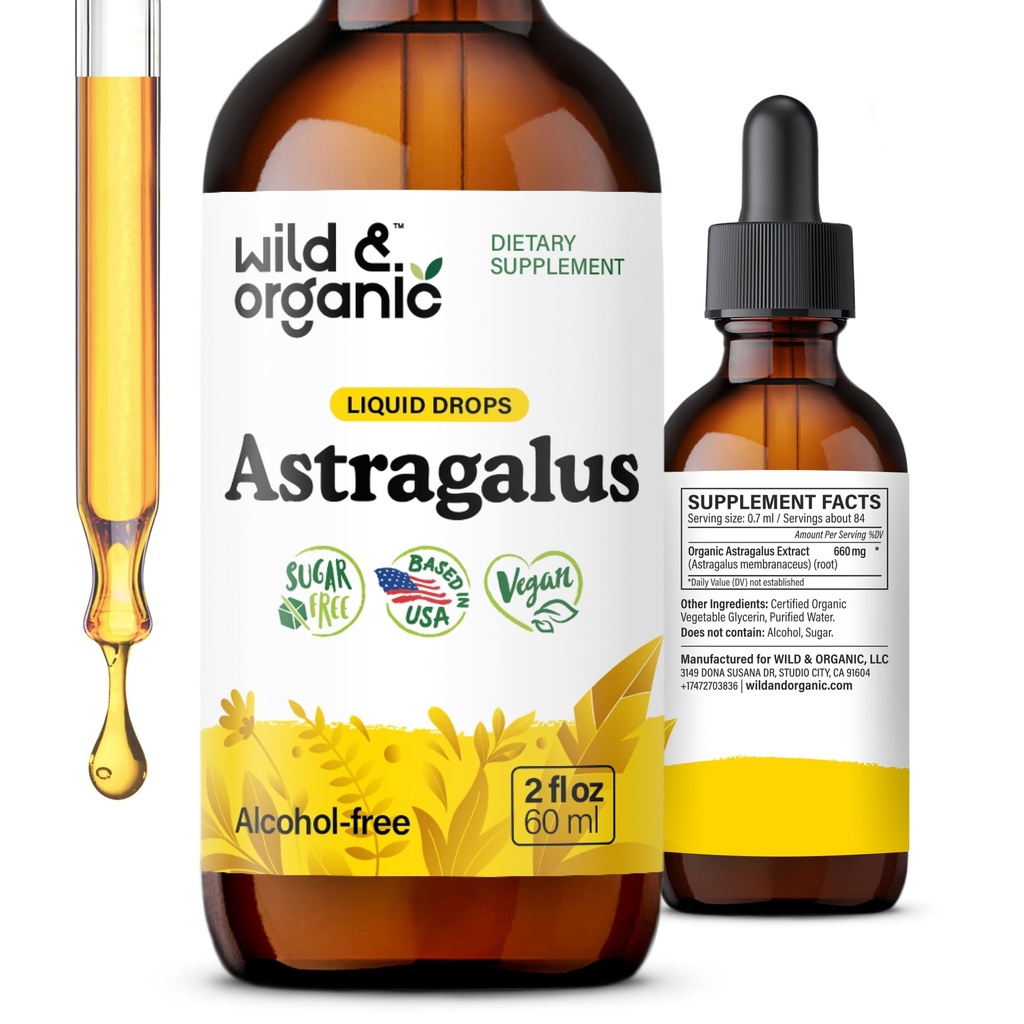Wild & Organic Astragalus Extract Drops - Immune Support Supplement - 2 oz | Liquid Astragalus Root Supplement - Add to Tea - Mix with Powder - Membranaceus Herb - Vegan, No Sugar, Alcohol-Free Tincture