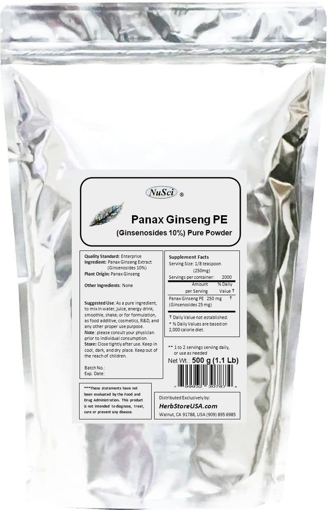 Panax Ginseng Extract Powder, Standardized 10% Ginsenosides, Energy & Vitality (500 Grams (1.1 lb))