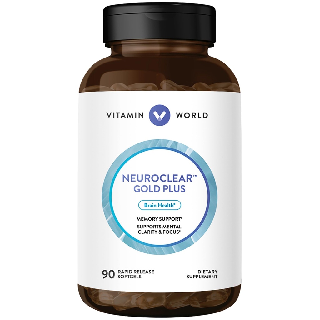Vitamin World NeuroClear Gold Plus 90 Softgels, Phosphatidylserine, DHA, Ginkgo Biloba, Supports Brain and Mental Focus, Rapid-Release, Gluten Free