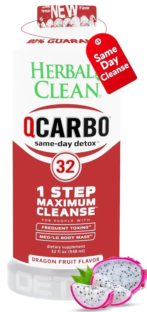 Herbal Clean Qcarbo32 Same-Day Detox Cleanse Drink (32 fl oz) - Dragon Flavor Full Body Cleanse* Detox Drink for Frequent Toxin Level*, Vitamin B2 and Vitamin B12 for Men & Women