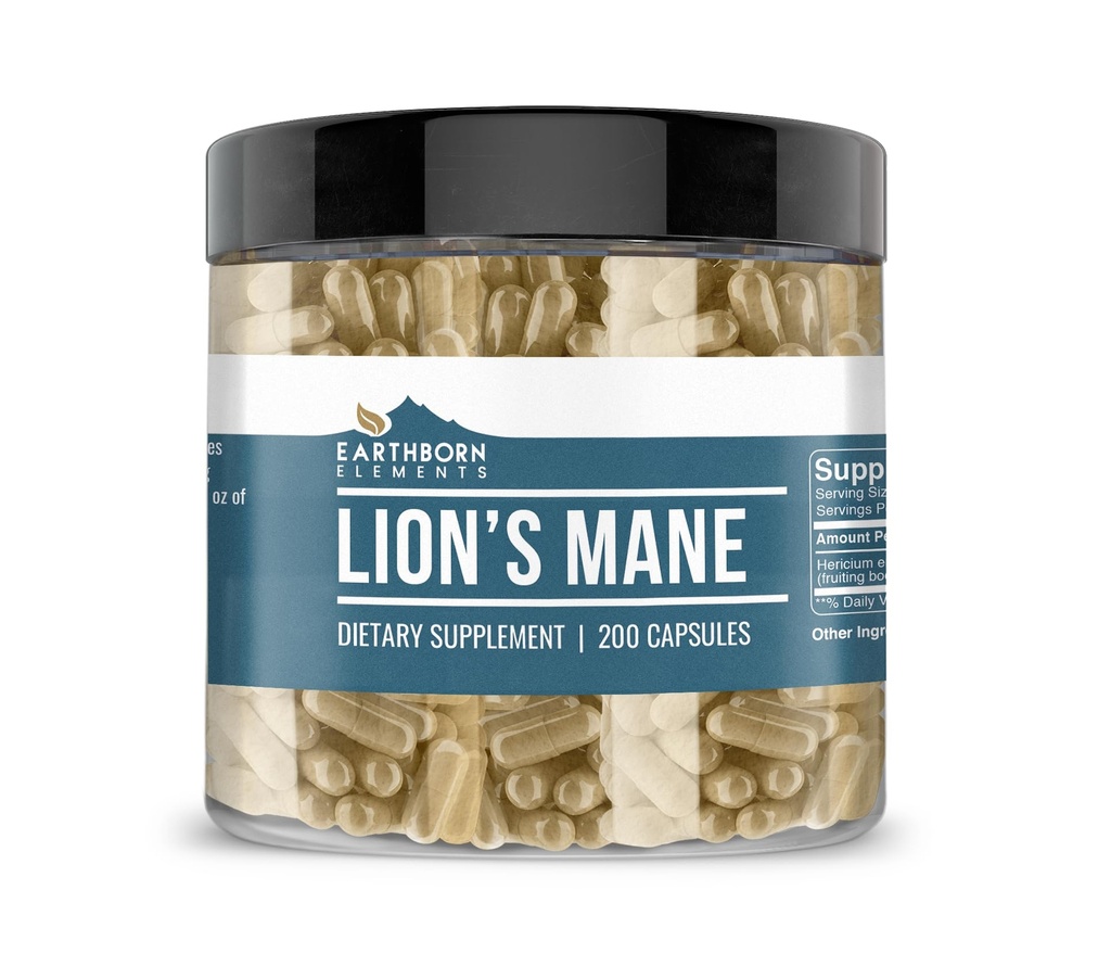 Earthborn Elements Lion’s Mane 200 Capsules, Pure & Undiluted, No Additives