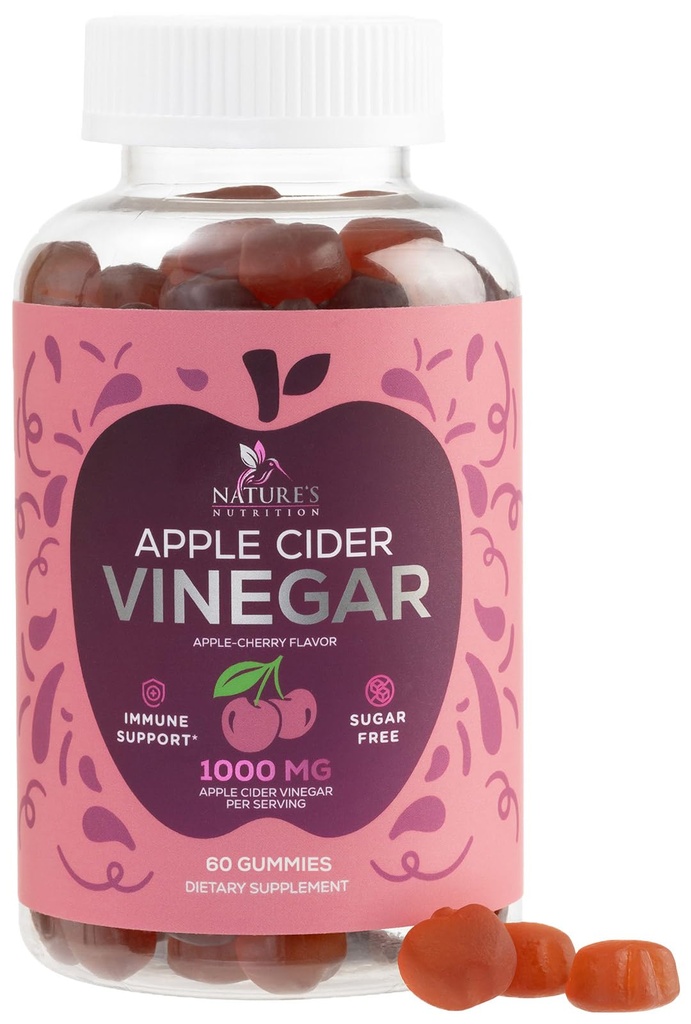 Apple Cider Vinegar Gummies 1000mg Per Serving - Sugar Free ACV Gummy Vitamins Supplement - Vitamin B12 & B6 for Energy - Digestion, Detox & Cleanse Support, Vegan, Gluten-Free, Non-GMO - 60 Gummies