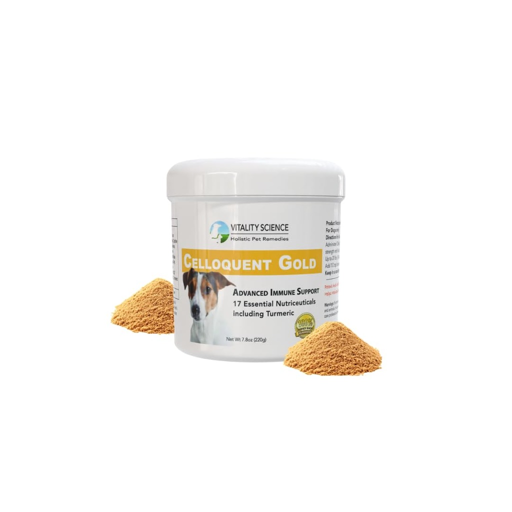 Vitality Science Celloquent Gold for Dogs | Holistic Advanced Immune Support Supplement | 17 Proven Ingredients | Auto Immune, Vomiting and Diarrhea, Depression (220g)