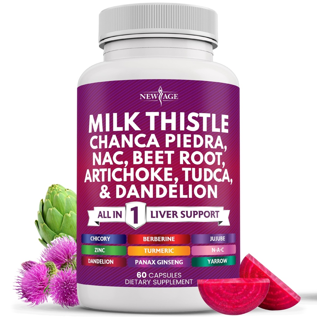 NEW AGE Milk Thistle NAC Chanca Piedra Beet Root Artichoke Dandelion Root Astragalus - Plus TUDCA & Ginger - 60 Count