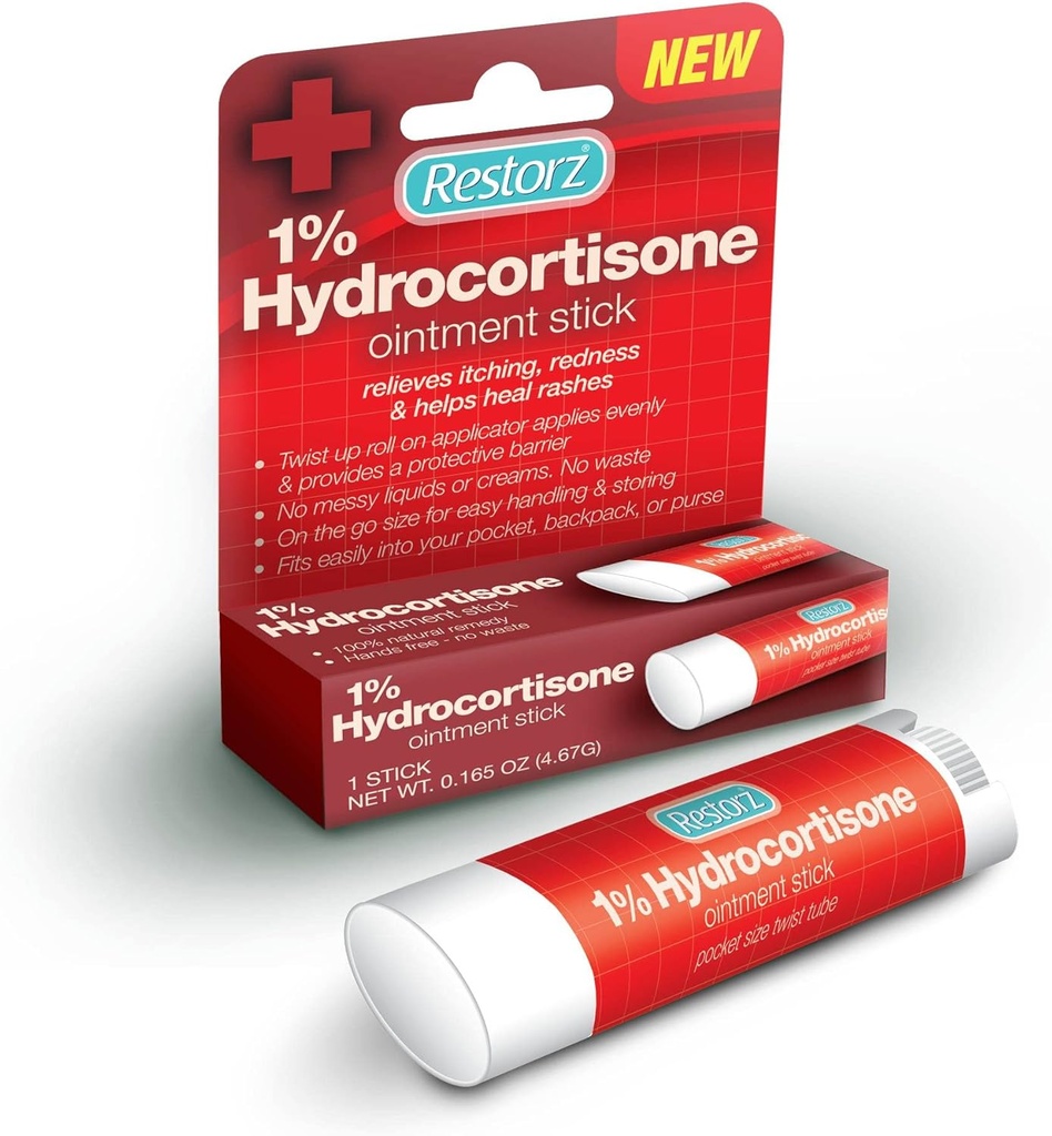 Restorz Hydrocortisone 1% Cream Treatment Stick (1 Pack) - No Mess Travel Size Ointment Applicator for Gentle Support/Portable & Easy to Use/Fast Acting Relief for Itches, Bites, Redness & Rashes