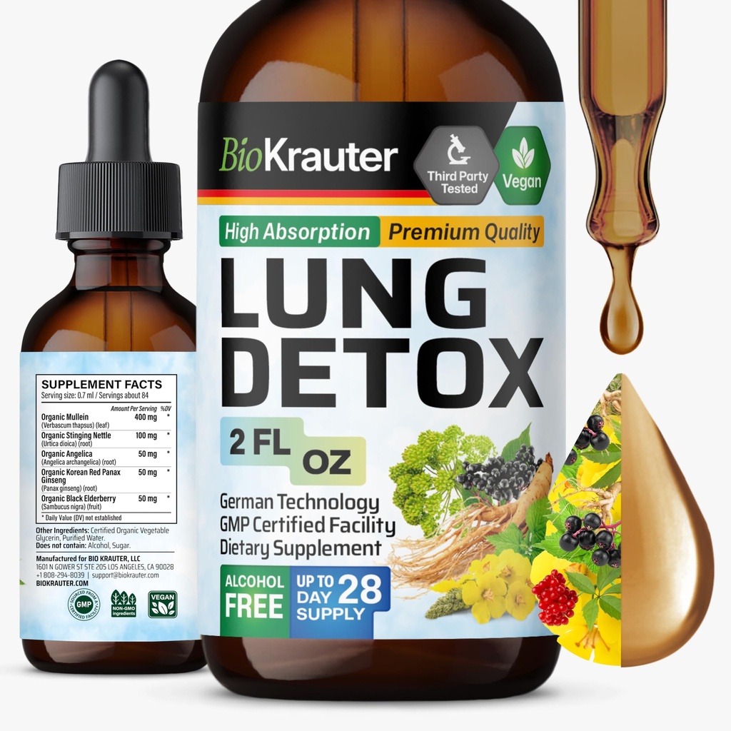 BIO KRAUTER® 5-in-1 Lung Detox with Mullein, Stinging Nettle, Angelica, Ginseng, Black Elderberry Extracts for Immune & Respiratory Support - Lung Support Supplement 2 Fl.Oz., 28-Day Supply