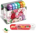FINPAC Weekly Pill Organizers 4 Times A Day, Slide Open PU Leather Case Travel Pill Vitamin Medicine Reminder and Planner with Name Card for Morning| Afternoon| Evening| Bedtime (Flower Festival)