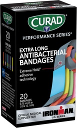CURAD Performance Series IRONMAN Antibacterial Bandages, Extreme Hold Adhesive Technology, Extra Long Flexible Fabric Bandages for Cuts, Scrapes, & Burns, Assorted Colors, 0.75 x 4.75 inches, 20 Count