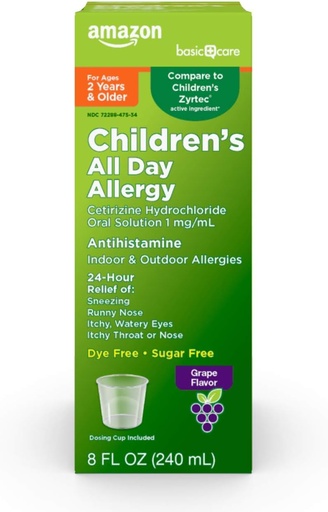   Basic Care 24 Hour Allergy Relief for Children, Cetirizine Hydrochloride Oral Solution 1 mg/mL, Grape Flavor, Dye Free, 8 fl oz (Pack of 1)