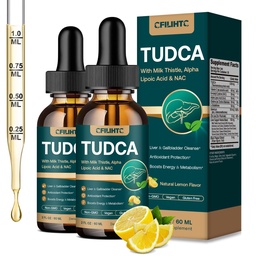 TUDCA Bile Salts 1200mg Liquid Drops - Advanced Tudca Liver Supplement with ALA, NAC & Glutathione for Bile Flow, Gallbladder Health & Antioxidant Defense, High-Absorption, Lemon 2 fl oz 2 Pack